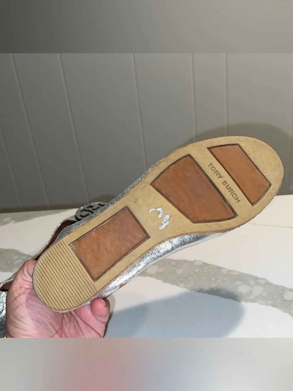TORY BURCH Silver Metallic Espadrille Ballet Flats